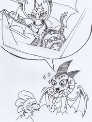 Size: 783x1031 | Tagged: safe, artist:kuroneko, derpibooru exclusive, dragon lord scintilla, princess ember, spike, dragon, g4, armor, dragoness, eyes closed, fangirl, female, monochrome, shield, simple background, slash, sparkles, speech bubble, spread wings, sword, traditional art, weapon, white background, winged spike, wings