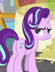 Size: 827x1078 | Tagged: safe, screencap, starlight glimmer, pony, unicorn, a matter of principals, g4, butt, cropped, female, frown, glimmer glutes, looking back, mare, plot, solo, starlight glimmer is not amused, unamused, unhappy
