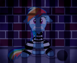 Size: 2160x1751 | Tagged: safe, artist:spellboundcanvas, rainbow dash, g4, ball and chain, chains, clothes, jail, prison, prison outfit, prison stripes, prisoner, prisoner rd, restraints, shackles