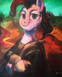 Size: 3008x3718 | Tagged: safe, artist:toisanemoif, pinkie pie, earth pony, pony, g4, atg 2018, crossed arms, female, high res, lidded eyes, looking at you, mona lisa, newbie artist training grounds, oil painting, solo, traditional art