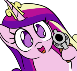 Size: 303x280 | Tagged: safe, artist:jargon scott, princess cadance, alicorn, pony, g4, aiming, aiming at you, bye anon, chibi, delet this, face of mercy, female, gun, handgun, hi anon, hoof hold, imminent murder, looking at you, mare, meme, open mouth, reaction image, revolver, simple background, smiling, solo, this will end in death, this will end in tears, this will end in tears and/or death, wat, weapon, white background
