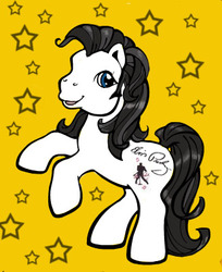 Size: 327x401 | Tagged: safe, oc, oc only, oc:elvis, earth pony, human, pony, 2004 my little pony fair, my little pony fair, g3, abstract background, elvis presley, female, looking at you, open mouth, open smile, rearing, smiling, solo, stars, tail, toy fair