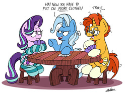 Size: 2375x1755 | Tagged: safe, artist:bobthedalek, starlight glimmer, sunburst, trixie, pony, unicorn, g4, :t, beard, cheating, clothes, facial hair, female, glasses, male, mare, playing card, poker, reverse strip poker, simple background, sitting, socks, stallion, stool, strip poker, striped socks, table, underwear, we don't normally wear clothes, white background, you're such a cheater bro