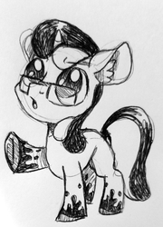 Size: 1287x1791 | Tagged: safe, artist:smirk, oc, oc only, oc:quillian inkheart, pony, unicorn, blank flank, colt, foal, glasses, male, monochrome, raised hoof, sketch, solo, splotches, traditional art, two toned mane