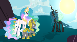 Size: 2592x1408 | Tagged: safe, artist:velveagicsentryyt, princess celestia, queen chrysalis, alicorn, changeling, changeling queen, pony, unicorn, g4, female, royal guard, sun