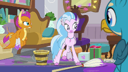 Size: 710x400 | Tagged: safe, screencap, gallus, silverstream, smolder, classical hippogriff, dragon, griffon, hippogriff, g4, the hearth's warming club, animated, behaving like a cat, bucket, cute, diastreamies, discovery family logo, dragoness, female, flying, gif, mop, silverstream's bucket, smashing, stomping
