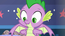 Size: 1280x720 | Tagged: safe, screencap, spike, dragon, a matter of principals, g4, flying, male, smiling, winged spike, wings
