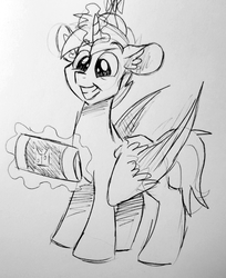Size: 1554x1907 | Tagged: safe, artist:smirk, button mash, alicorn, pony, g4, alicornified, buttoncorn, glowing horn, hat, horn, lineart, magic, monochrome, propeller hat, race swap, telekinesis, traditional art