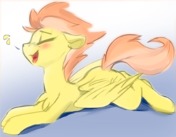 Size: 540x420 | Tagged: safe, artist:dimfann, spitfire, pegasus, pony, g4, blushing, cute, cutefire, eyes closed, female, implied urine, lying down, mare, open mouth, solo
