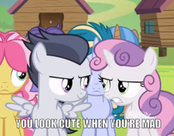 Size: 982x764 | Tagged: safe, edit, edited screencap, screencap, kettle corn, rumble, skeedaddle, sweetie belle, pegasus, pony, unicorn, g4, marks and recreation, colt, cropped, female, filly, flirting, foal, image macro, implied rumbelle, male, meme, ship:rumbelle, shipping, straight