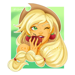 Size: 800x800 | Tagged: safe, artist:callyanncreates, applejack, equestria girls, g4, apple, bust, eating, female, food, freckles, one eye closed, solo