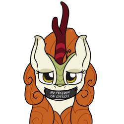 Size: 1280x1280 | Tagged: safe, alternate version, artist:mkogwheel, autumn blaze, kirin, g4, sounds of silence, abuse, autumnbuse, bust, discussion in the comments, duct tape, female, gag, lidded eyes, looking at you, mouthpiece, sad, simple background, solo, tape gag, white background