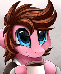 Size: 1446x1764 | Tagged: safe, artist:pridark, oc, oc only, oc:ianto, earth pony, pony, bust, clothes, coffee, commission, cup, cute, hoof hold, ocbetes, portrait, reflection, solo
