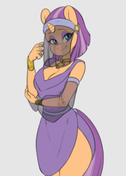 Size: 1400x1950 | Tagged: safe, artist:skecchiart, oc, oc only, oc:oasis shade, unicorn, anthro, ankh, anthro oc, breasts, cleavage, clothes, dice, ear piercing, earring, egyptian, egyptian pony, female, gray background, headband, jewelry, mare, necklace, piercing, robe, side slit, simple background, solo, veil