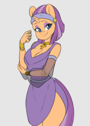 Size: 1400x1950 | Tagged: safe, artist:skecchiart, oc, oc only, oc:oasis shade, unicorn, anthro, ankh, anthro oc, breasts, cleavage, clothes, dice, ear piercing, earring, egyptian, egyptian pony, female, headband, jewelry, mare, necklace, piercing, robe, side slit, solo