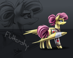 Size: 2000x1600 | Tagged: safe, artist:bakud, fluttershy, pegasus, pony, g4, alternate hairstyle, clothes, female, mare, signature, solo, text, vest, zoom layer