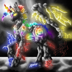 Size: 5800x5800 | Tagged: safe, artist:florarena-kitasatina/dragonborne fox, golem, pony, absurd resolution, crossover, crystal, crystal golem, epic battle fantasy, female, glowing crystals, glowing eyes, glowing eyes of doom, head tilt, leonine tail, ponified, rainbow, raised leg, signature, solo, spiked tail, stone, wat, watermark, what has magic done
