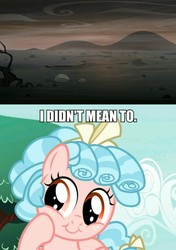 Size: 837x1192 | Tagged: safe, edit, edited screencap, screencap, cozy glow, pegasus, pony, g4, marks for effort, the cutie re-mark, alternate timeline, ashlands timeline, baby doll, bad end, barren, batman the animated series, cozybetes, cute, female, filly, image macro, implied genocide, meme, post-apocalyptic, pure concentrated unfiltered evil of the utmost potency, pure unfiltered evil, she's evil, wasteland, yeah you did