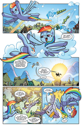 Size: 994x1528 | Tagged: safe, artist:pencils, idw, official comic, derpy hooves, rainbow dash, pegasus, pony, g4, spoiler:comic, spoiler:comic70, butt, cloud, cloud busting, collision, comic, crash, crossed legs, dialogue, envelope, featureless crotch, female, flying, frog (hoof), mailmare, mare, motion lines, on back, one eye closed, open mouth, pain star, plot, ponyville, preview, silhouette, speech bubble, spread wings, sun, underhoof, wings