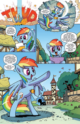 Size: 994x1528 | Tagged: safe, artist:pencils, idw, official comic, rainbow dash, pegasus, pony, g4, spoiler:comic, spoiler:comic70, comic, crash, crater, derp, envelope, falling, female, implied derpy, mare, offscreen character, open mouth, pain star, preview, rainbow crash, rearing, speech bubble, thud, tongue out