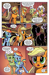 Size: 994x1528 | Tagged: safe, artist:pencils, idw, official comic, apple rose, applejack, auntie applesauce, goldie delicious, granny smith, rainbow dash, earth pony, pegasus, pony, g4, spoiler:comic, spoiler:comic70, barn, comic, evil grin, faic, female, grin, mare, preview, smiling, smug, smugdash, speech bubble