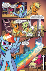 Size: 994x1528 | Tagged: safe, artist:pencils, idw, official comic, apple bloom, applejack, granny smith, rainbow dash, earth pony, pegasus, pony, g4, spoiler:comic, spoiler:comic70, barn, comic, derp, female, filly, foal, mare, preview, rainbow trail, scrunchy face, speech bubble, speed trail
