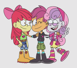 Size: 2332x2048 | Tagged: safe, artist:itoruna-the-platypus, apple bloom, scootaloo, sweetie belle, human, equestria girls, g4, belt, bow, clothes, cutie mark crusaders, female, high res, nickelodeon, pants, peace sign, shoes, style emulation, the loud house