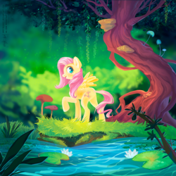 Size: 1200x1200 | Tagged: safe, artist:greyredroy, fluttershy, pegasus, pony, g4, digital art, female, forest, grass, happy, lilypad, looking sideways, mare, mushroom, open mouth, raised hoof, smiling, solo, tree, water