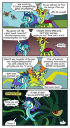 Size: 550x1000 | Tagged: safe, artist:acidemerald, ocellus, princess ember, smolder, thorax, changedling, changeling, dragon, g4, body horror, comic, disguise, disguised changeling, dragoness, eldritch abomination, eyes closed, female, king thorax, male, shuma-gorath, simple background, speech bubble, tentacles
