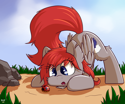 Size: 2131x1783 | Tagged: safe, artist:rivibaes, oc, oc only, oc:jetlag, insect, ladybug, pegasus, pony, commission, digital art, eye clipping through hair, face down ass up, female, looking down, mare, red hair, red mane, red tail, signature, solo, ych result