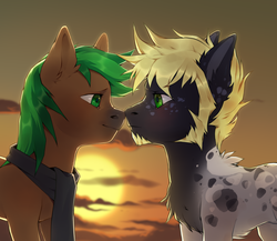 Size: 2300x2000 | Tagged: safe, artist:sobaka_blyadskaya, oc, oc only, oc:jaeger sylva, earth pony, pony, blushing, body fluff, chest fluff, clothes, commission, digital art, ear fluff, gay, high res, looking at each other, male, nuzzling, oc x oc, scarf, shipping, stallion, ych result