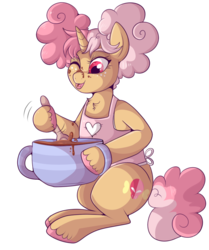 Size: 700x836 | Tagged: safe, artist:lulubell, oc, oc only, oc:sugar high, pony, unicorn, apron, baking, clothes, curly mane, female, mare, simple background, solo, transparent background