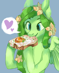 Size: 2400x3000 | Tagged: safe, artist:liarbunny, oc, oc only, oc:heady weed, pegasus, pony, black background, bust, commission, digital art, eating, female, flower, flower in hair, food, green hair, green mane, green tail, heart, high res, mare, sandwich, simple background, solo, ych result