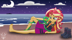 Size: 6830x3840 | Tagged: safe, alternate version, artist:legendaryspider, smooze, sunset shimmer, equestria girls, g4, bags under eyes, barefoot, beach, bittersweet, boots, clothes, cloud, crying, feet, female, goodbye, high heel boots, jacket, leather, leather jacket, legs, messy hair, moon, night, sad, shoes, skirt, stars, tentacles