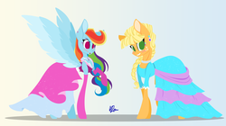 Size: 3931x2206 | Tagged: safe, artist:donnie-moon, applejack, rainbow dash, g4, simple ways, too many pinkie pies, applejack also dresses in style, blushing, braid, clothes, dress, ear piercing, earring, high res, jewelry, model, modeling, piercing, ponytail, rainbow dash always dresses in style, tomboy taming