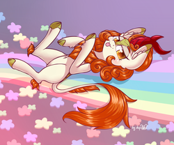 Size: 2400x2000 | Tagged: dead source, safe, artist:dsp2003, autumn blaze, kirin, sounds of silence, :p, awwtumn blaze, belly button, blushing, cloven hooves, cute, dsp2003 is trying to murder us, female, flower, hnnng, kirinbetes, looking at you, lying on a rainbow, mare, rainbow, signature, silly, solo, tongue out