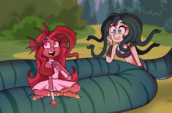 Size: 1024x674 | Tagged: dead source, safe, artist:wubcakeva, oc, oc only, oc:medusa, oc:mezma, gorgon, lamia, original species, equestria girls, g4, clothes, crossed legs, dress, equestria girls-ified, human coloration, medusa, open mouth