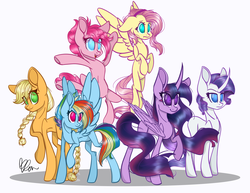 Size: 3300x2550 | Tagged: safe, artist:donnie-moon, applejack, fluttershy, pinkie pie, rainbow dash, rarity, twilight sparkle, alicorn, pony, g4, alternate hairstyle, female, high res, mane six, mare, missing cutie mark, redraw, simple background, twilight sparkle (alicorn), white background