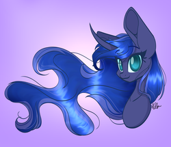 Size: 3000x2574 | Tagged: safe, artist:donnie-moon, princess luna, pony, g4, big ears, bust, colored pupils, curved horn, female, gradient background, high res, horn, looking at you, mare, redraw, smiling, solo, windswept mane