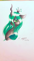 Size: 1024x1821 | Tagged: safe, artist:skyggetheumbrum, queen chrysalis, changeling, changeling queen, g4, crown, fangs, female, floppy ears, jewelry, lidded eyes, looking at you, regalia, simple background, solo, tiara, traditional art, white background