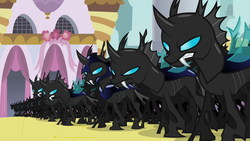 Size: 1280x720 | Tagged: safe, screencap, changeling, a canterlot wedding, g4, angry, armor, army, canterlot, changeling armor, changeling officer, changeling swarm, fangs, scowl
