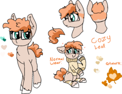 Size: 1159x892 | Tagged: safe, artist:nootaz, oc, oc only, oc:cozy leaf, pony, clothes, glasses, heart eyes, leg warmers, reference sheet, simple background, solo, sweater, transparent background, wingding eyes