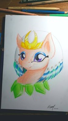 Size: 1600x2845 | Tagged: safe, artist:skyggetheumbrum, somnambula, pony, g4, bust, female, headdress, mare, obtrusive watermark, smiling, solo, traditional art, watermark