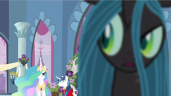Size: 1280x720 | Tagged: safe, screencap, princess celestia, queen chrysalis, shining armor, alicorn, changeling, changeling queen, pony, unicorn, a canterlot wedding, g4, angry, blank stare, celestia is not amused, challenge, crown, ethereal mane, female, flowing mane, furious, glare, hypnotized, jewelry, looking sideways, male, mare, multicolored mane, narrowed eyes, raised eyebrow, regalia, stallion, unamused