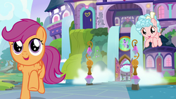 Size: 1280x720 | Tagged: safe, screencap, cozy glow, scootaloo, pegasus, pony, g4, marks for effort, cute, cutealoo, female, filly, flying, hiding in plain sight, school of friendship