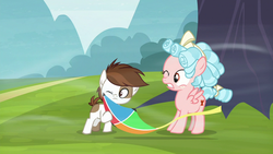 Size: 1280x720 | Tagged: safe, screencap, cozy glow, pipsqueak, pegasus, pony, g4, marks for effort, bow, coat markings, colt, female, filly, foal, hair bow, kite, male, one eye closed, pinto, ringlets, tail bow, wind, windswept mane