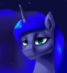 Size: 2480x2700 | Tagged: safe, artist:dukevonkessel, princess luna, alicorn, pony, g4, bust, ethereal mane, female, high res, lidded eyes, looking at you, portrait, smiling, solo, stars