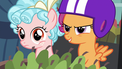 Size: 1280x720 | Tagged: safe, screencap, cozy glow, scootaloo, pegasus, pony, g4, marks for effort, bow, duo, female, filly, foal, food, fruit, hair bow, helmet, market, pear, ringlets