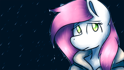Size: 1920x1080 | Tagged: safe, artist:sugar morning, oc, oc only, oc:sugar morning, anthro, anxiety, bust, clothes, depression, female, hoodie, looking up, mare, melancholy, portrait, rain, sad, solo, wallpaper, water