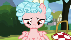 Size: 1280x720 | Tagged: safe, screencap, cozy glow, pegasus, pony, g4, marks for effort, basket, female, filly, foal, frown, looking down, picnic basket, ringlets, sad, solo